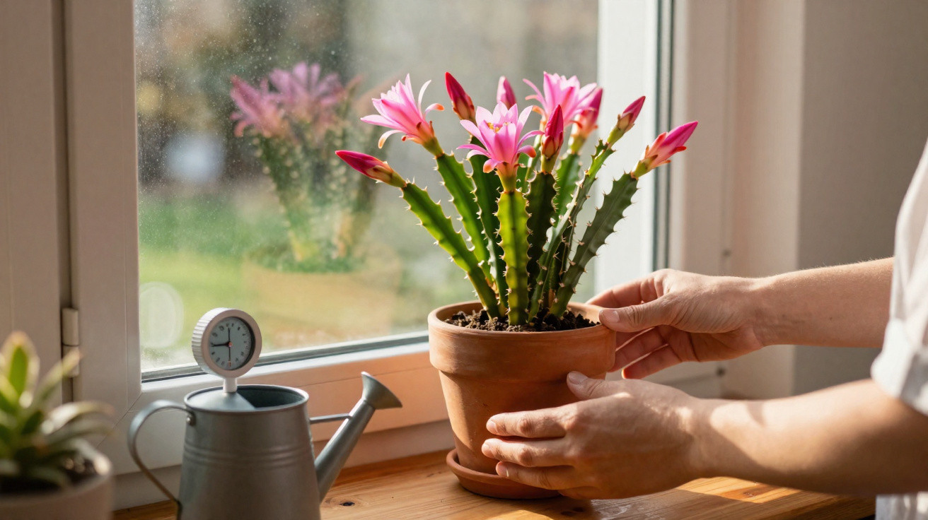 Mãos a colocar vaso com cacto flores cor-de-rosa num peitoril de janela iluminado a luz natural.