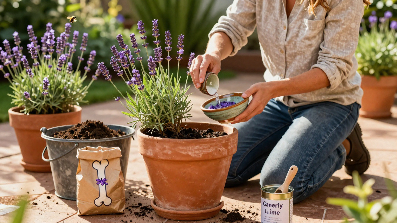 Pessoa regando plantas de lavanda em vaso de barro num jardim ensolarado.