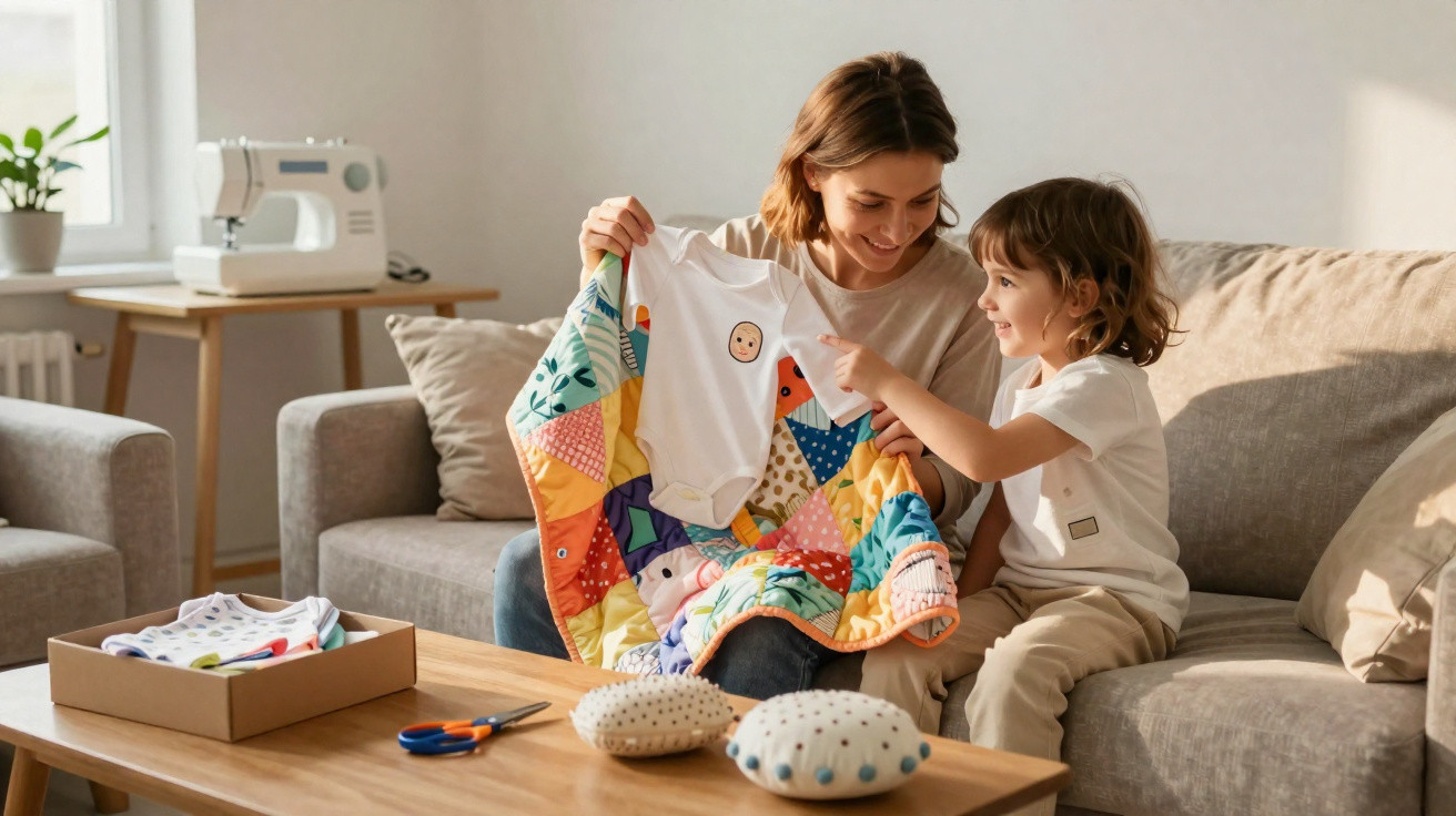 Mãe e filho sentados no sofá, sorrindo e segurando roupa de bebé e manta colorida numa sala acolhedora.