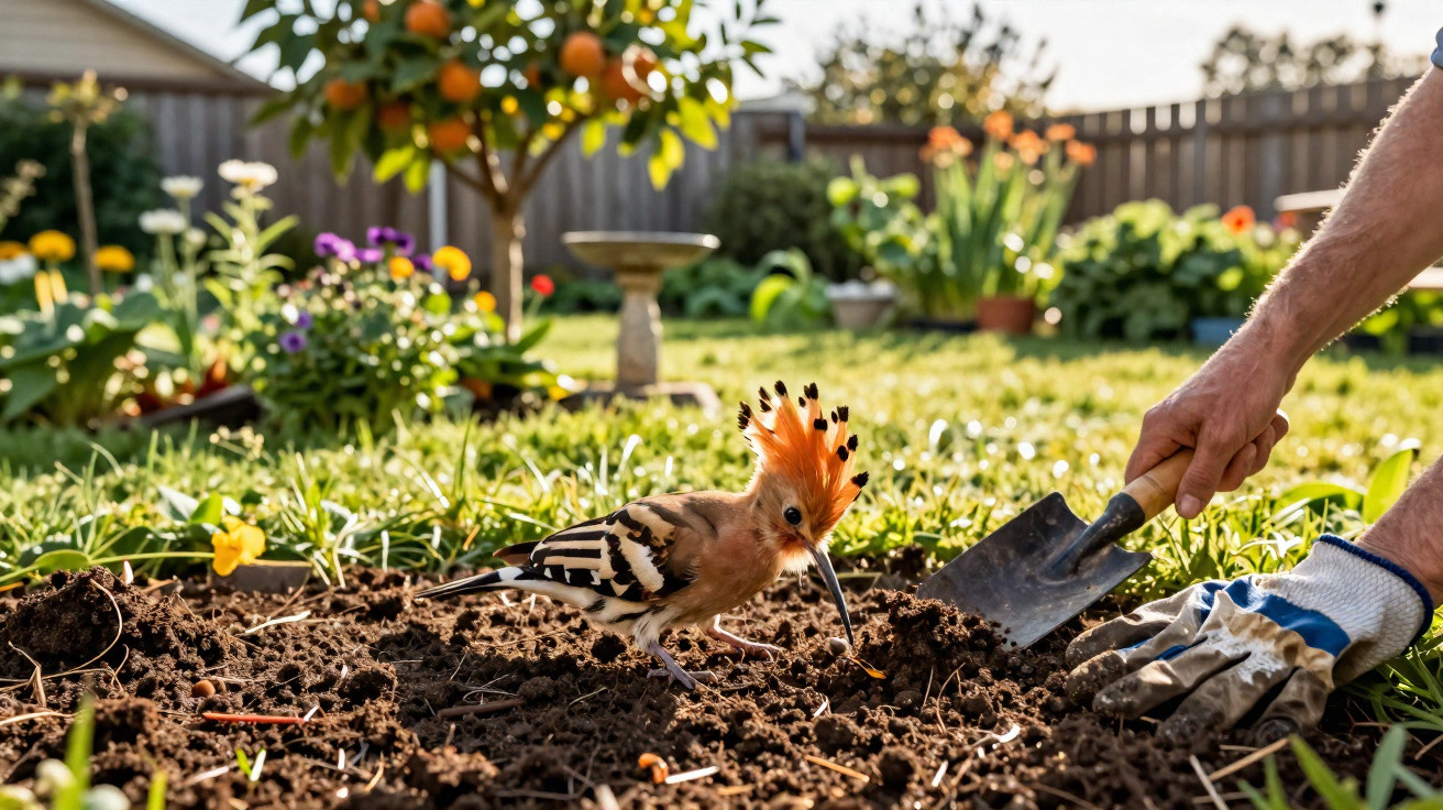 Pássaro com crista laranja no jardim enquanto uma pessoa com luvas cava terra com uma pá.