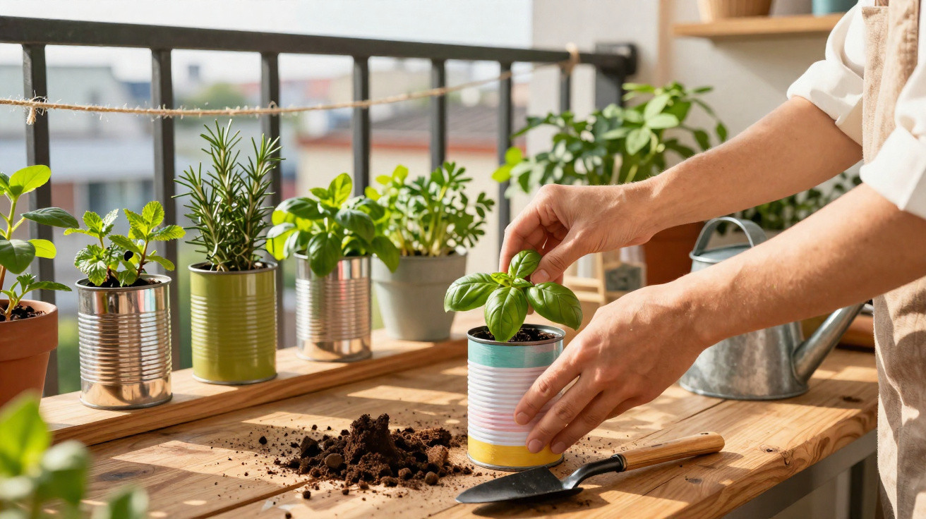 Mãos a transplantar planta aromática em lata colorida numa varanda com várias plantas em latas e vaso.
