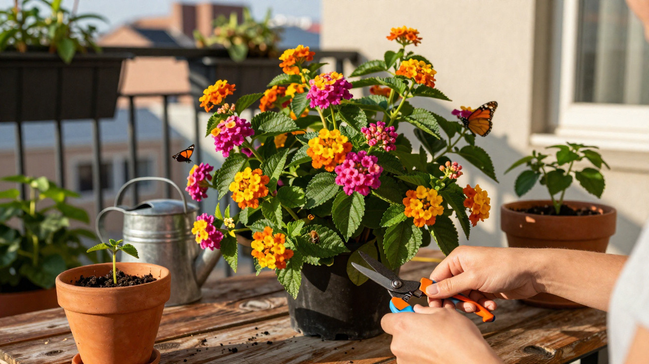 Pessoa a cuidar de plantas com flores cor de rosa e laranja numa varanda ensolarada com borboletas.