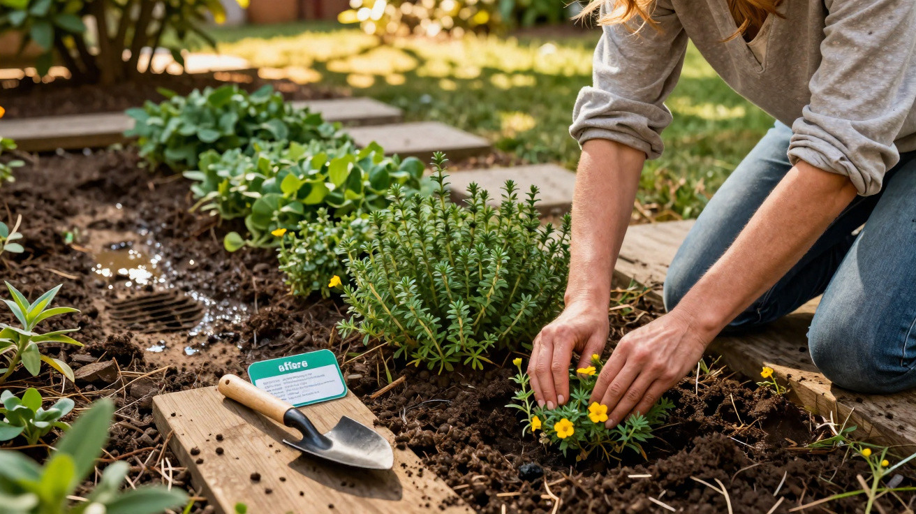 Pessoa a plantar flores amarelas num jardim com ferramenta de jardinagem ao lado.