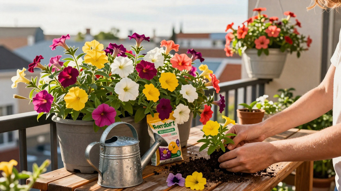Mãos a plantar flores coloridas no varandas com regador, sementes e vasos de flores variadas ao sol.