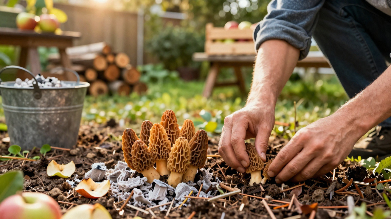 Mãos a colher cogumelos morel no solo de um jardim ao ar livre com luz solar suave.