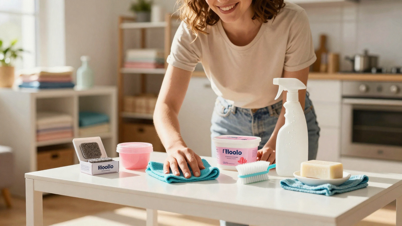 Mulher a limpar mesa branca com produtos de limpeza e panos numa cozinha iluminada.