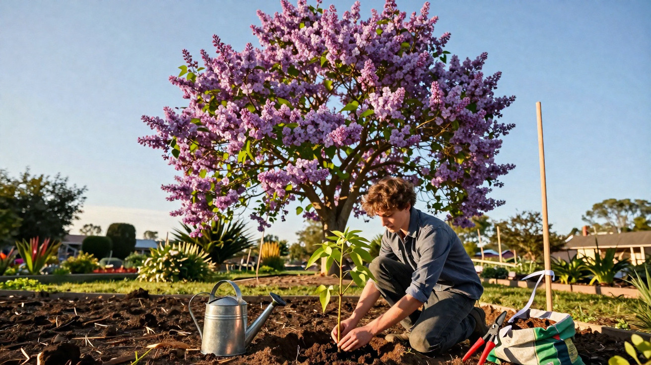 Homem a plantar uma muda numa horta, com regador e árvore florida lilás ao fundo.
