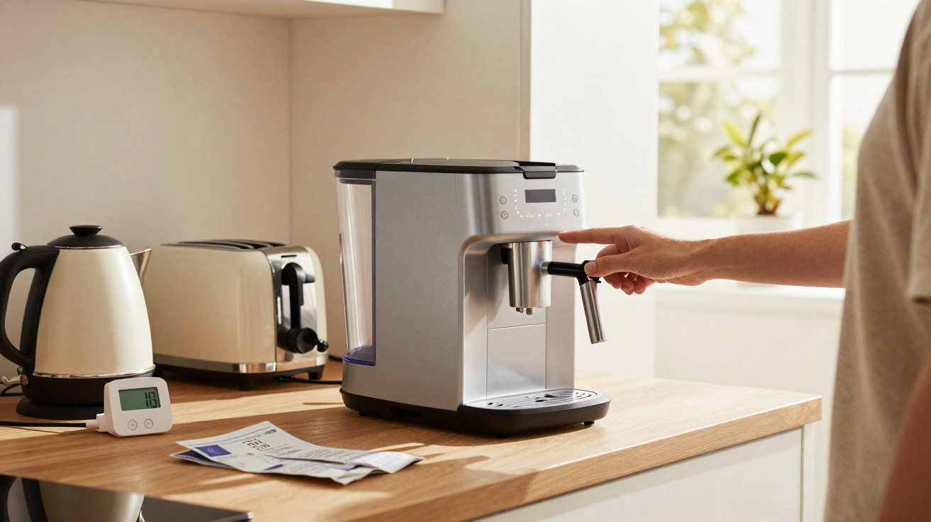 Mão a usar máquina de café expresso prateada numa bancada de cozinha com chaleira e torradeira.