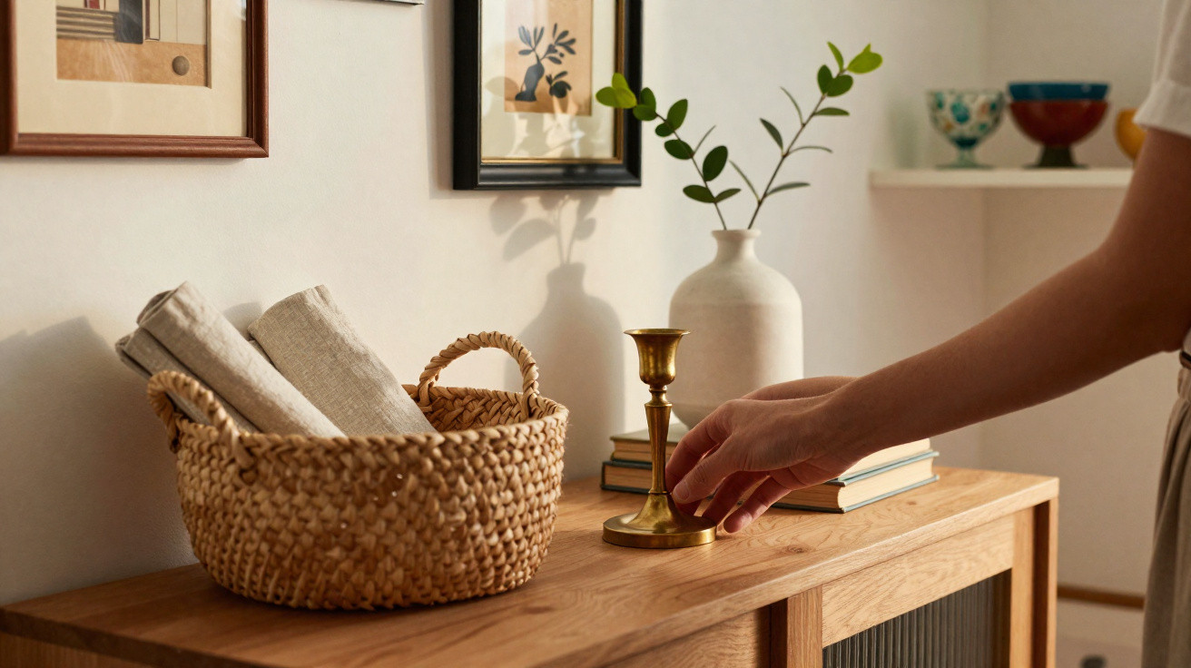 Mão ajusta castiçal dourado numa cómoda de madeira com cesto, livros e vaso numa decoração minimalista.