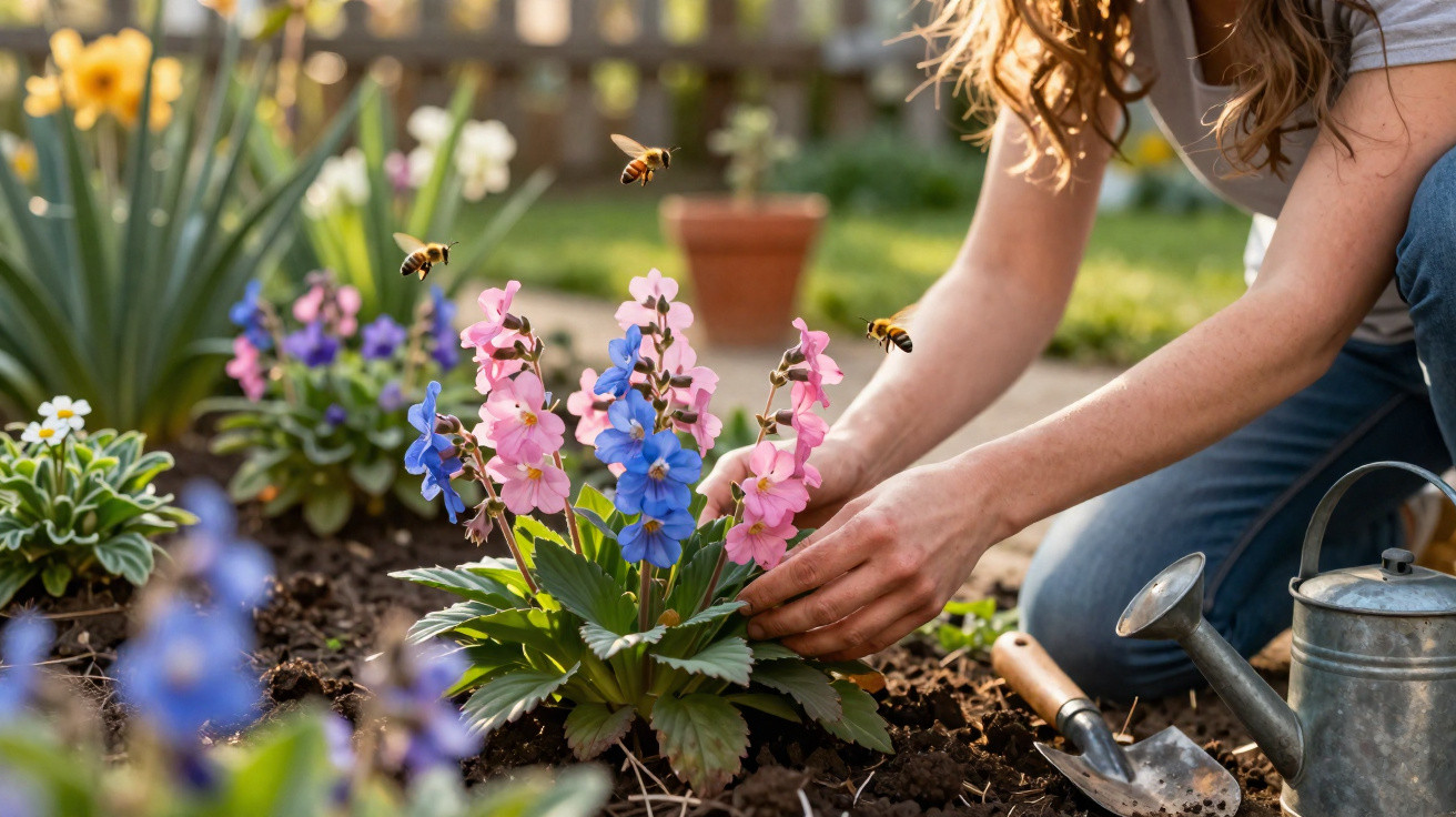 Pessoa a cuidar de flores rosas e azuis num jardim com abelhas a voar à volta.