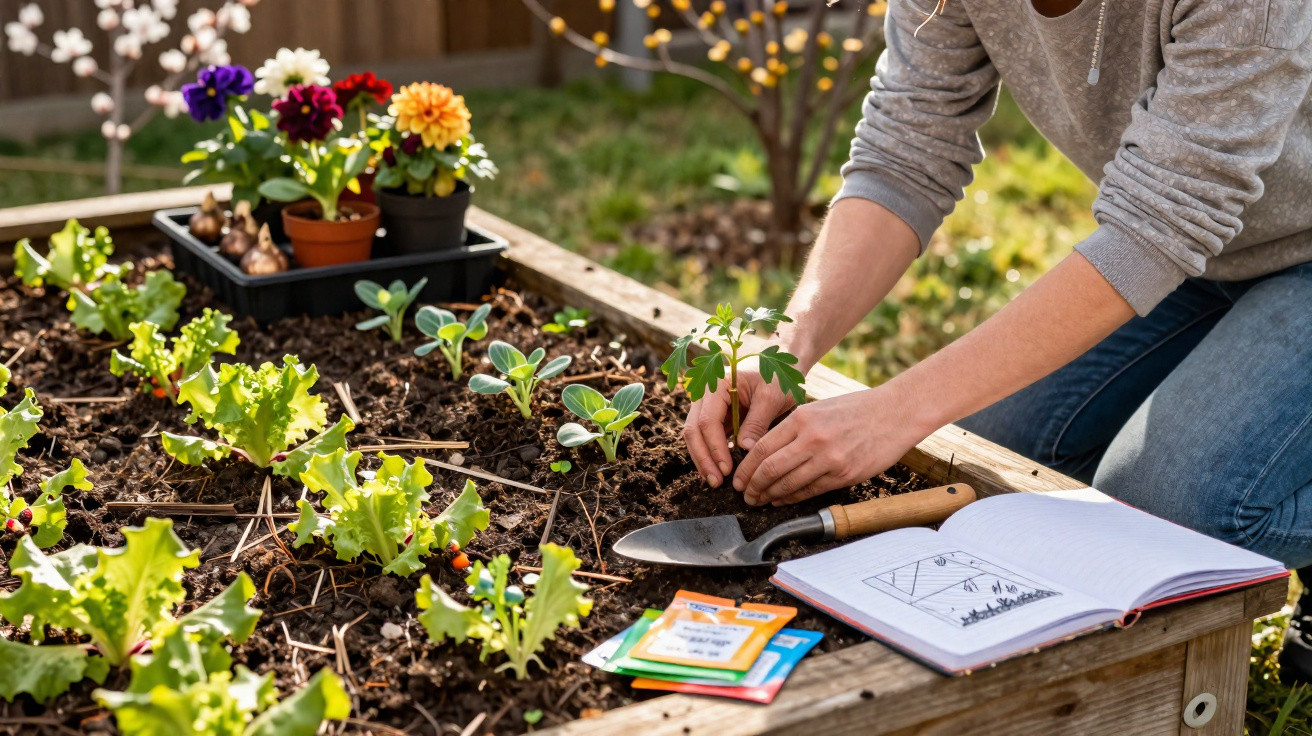 Pessoa a plantar muda num canteiro elevado com alface, flores, sementes e caderno de jardinagem ao lado.