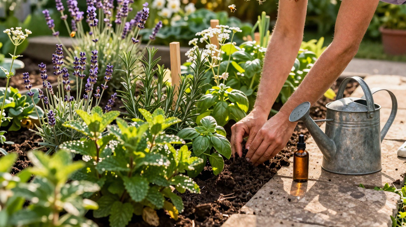 Pessoa a cuidar de plantas aromáticas num jardim, com regador e frasco pequeno ao lado.