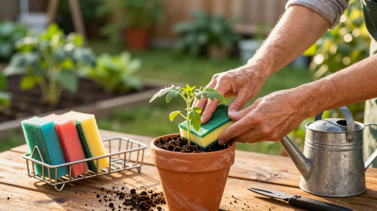 Pessoa a usar esponja para limpar planta em vaso de barro num jardim com regador e ferramentas por perto.