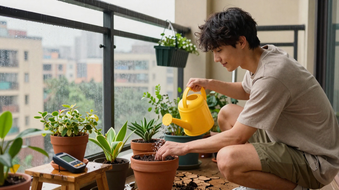 Jovem a regar plantas em vasos num terraço com edifícios ao fundo num dia chuvoso.