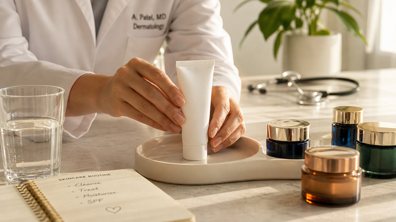 Médica segurando tubo de creme em prato com frascos de cuidados de pele e caderno com rotina de skincare.