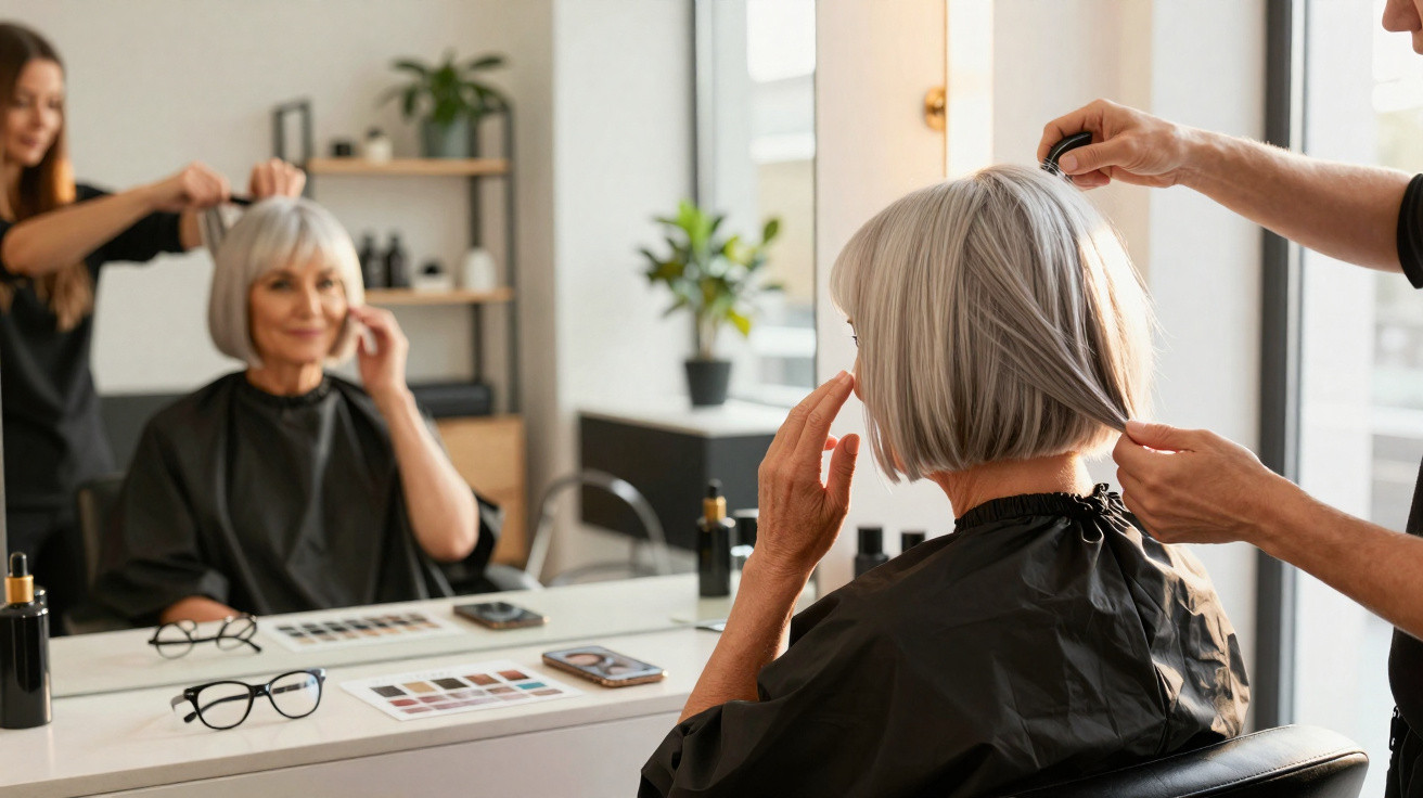 Mulher idosa a ser penteada num salão de cabeleireiro, com espelho e produtos ao fundo.