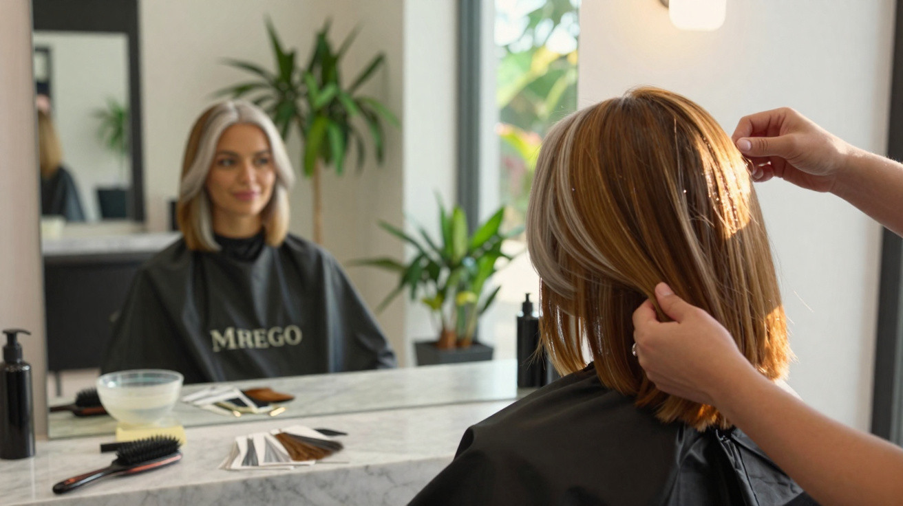 Mulher com cabelo liso e louro num salão de cabeleireiro a ser examinada pelo cabeleireiro.