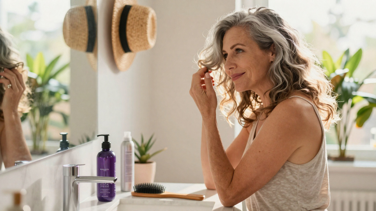 Mulher madura a arranjar o cabelo junto a um espelho em casa, ao lado de produtos de higiene e um chapéu.