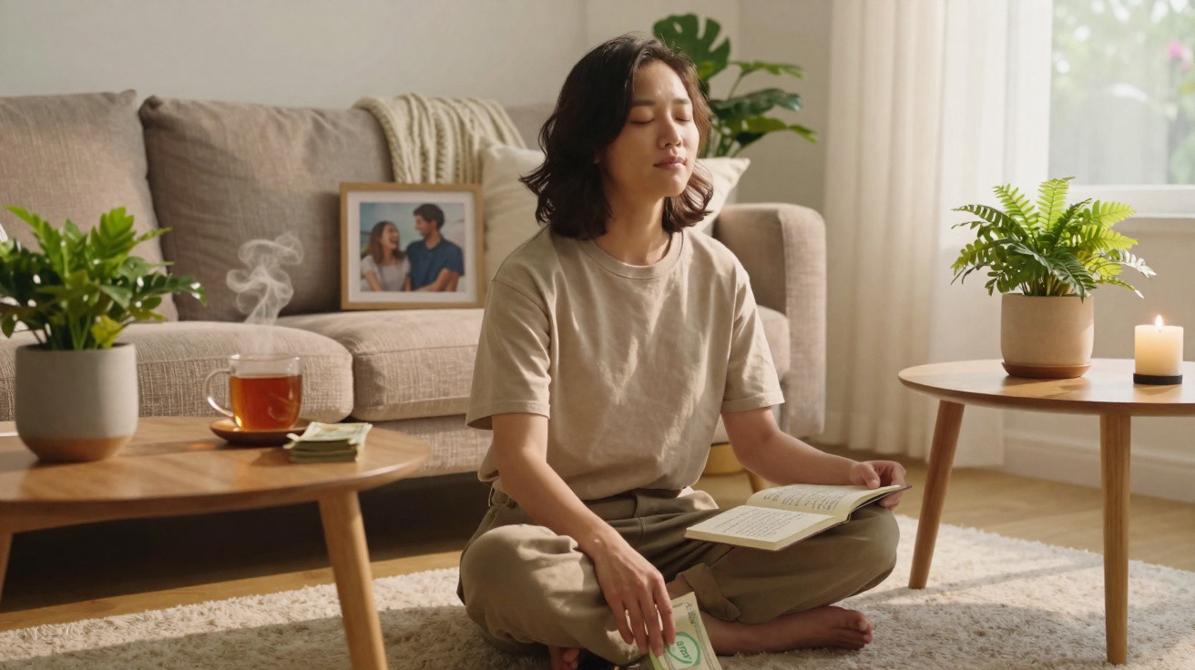 Mulher sentada no chão a meditar com olhos fechados, segurando dinheiro e um livro numa sala acolhedora.