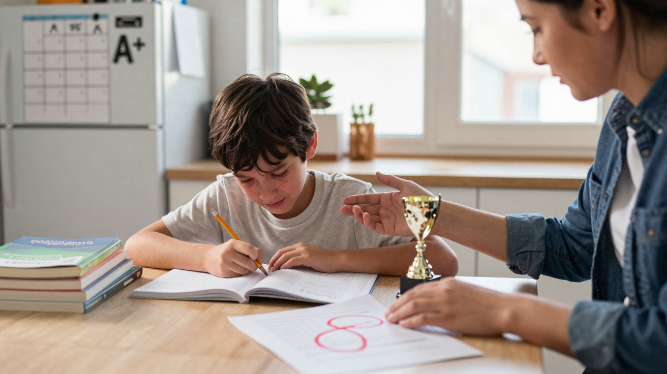 Criança a estudar com caneta, enquanto adulta lhe mostra um troféu e um papel com nota A+ marcada.