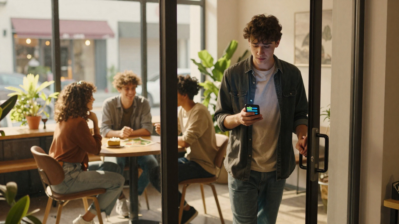Jovens em café, rapaz a entrar a olhar para o telemóvel, grupo sentado a conversar ao fundo.