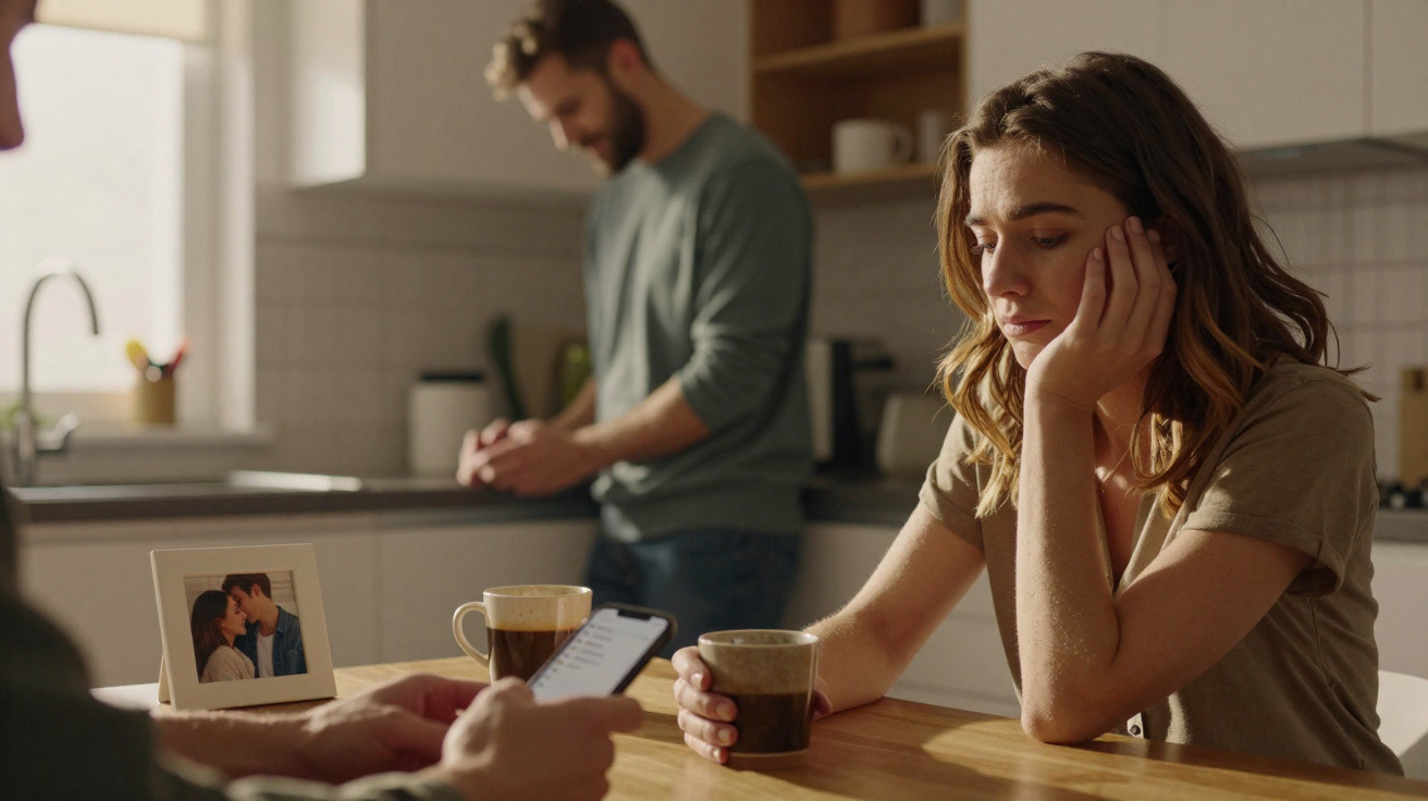 Mulher triste sentada à mesa com uma chávena, homem ao fundo numa cozinha, fotografia de casal na mesa.