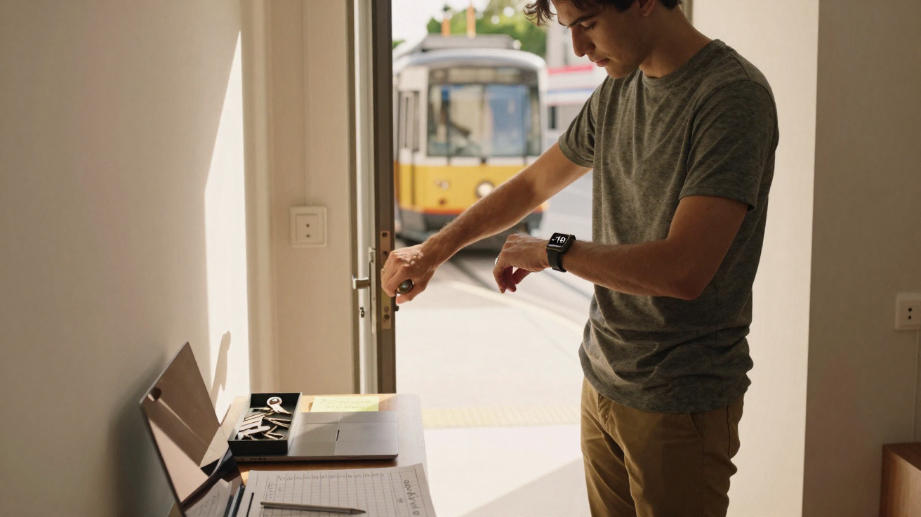Homem a abrir porta com metro amarelo visível ao fundo numa estação típica portuguesa.