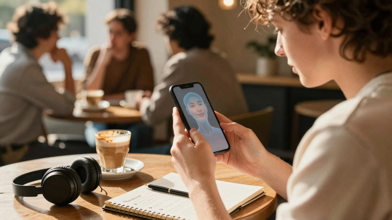 Pessoa a usar reconhecimento facial num telemóvel enquanto está sentada numa mesa com caderno, auscultadores e café.