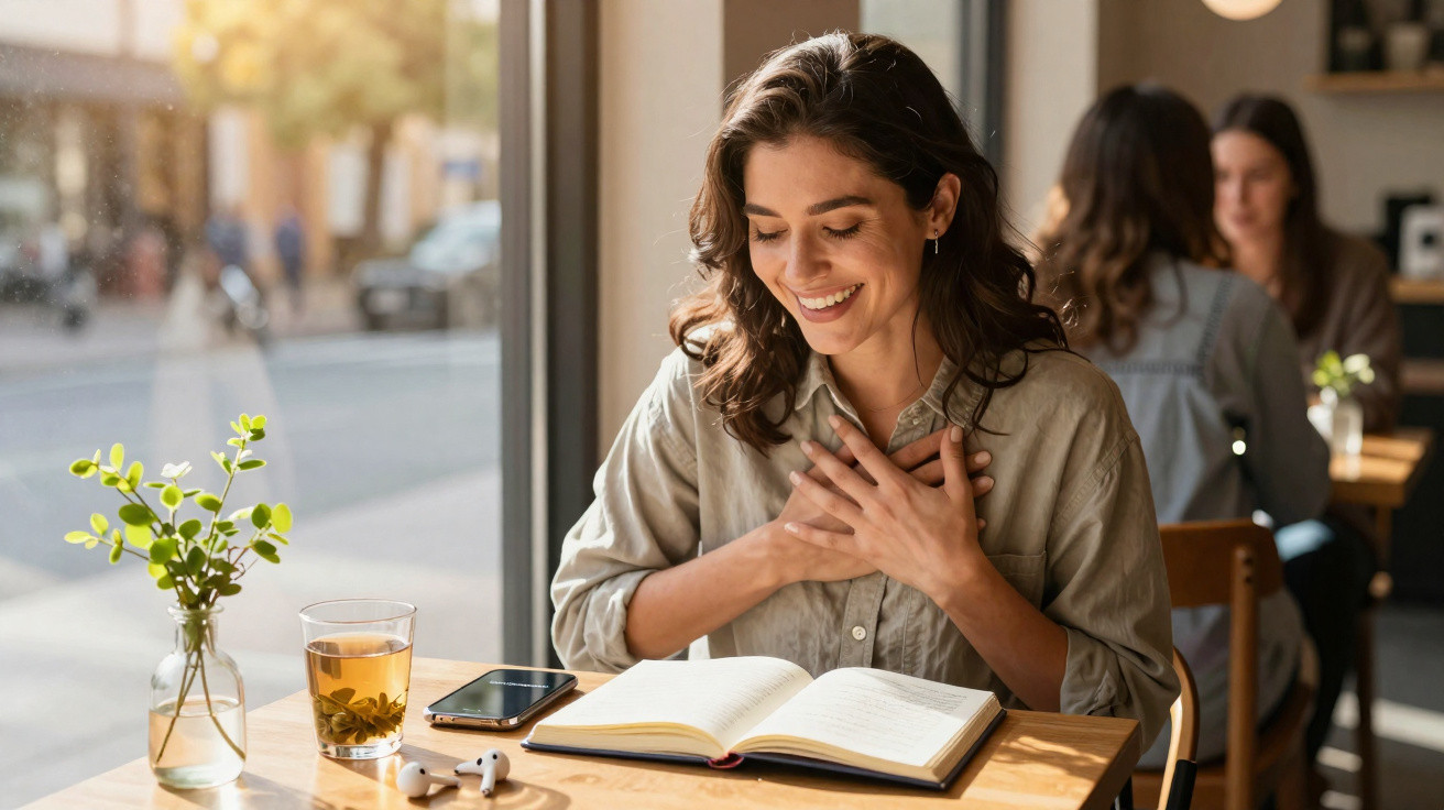 Mulher sorridente a ler livro num café, com chá, telemóvel e auriculares na mesa, luz natural a entrar pela janela.
