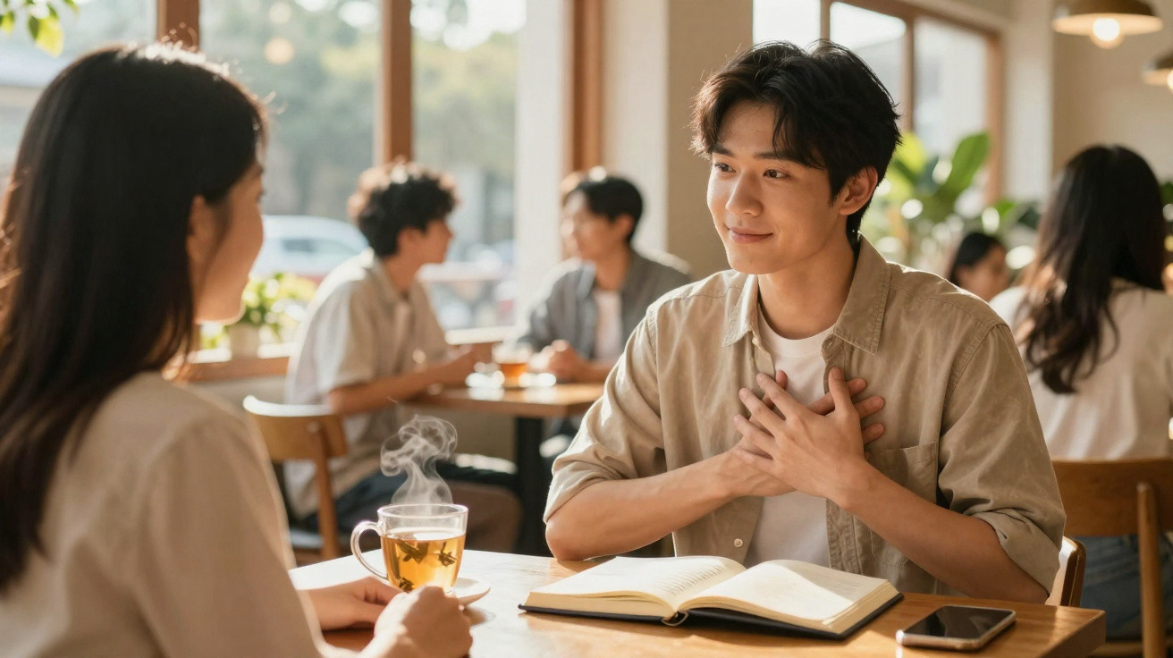Jovem a expressar emoção enquanto conversa com mulher num café, com chá e livro na mesa.