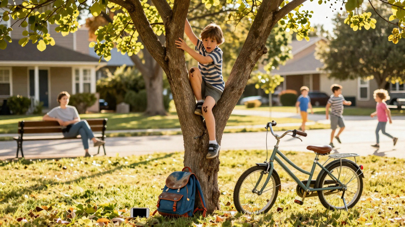 Criança a subir árvore num parque, com bicicleta e mochila no chão, enquanto outras crianças brincam ao fundo.