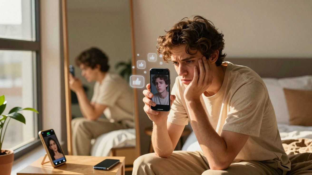 Jovem sentado na cama, olhando preocupado para o telemóvel com imagens e emojis de likes flutuando.