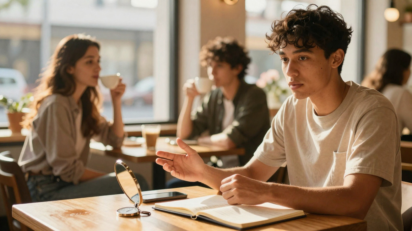 Homem jovem a conversar e a estudar com livro aberto numa cafetaria iluminada.