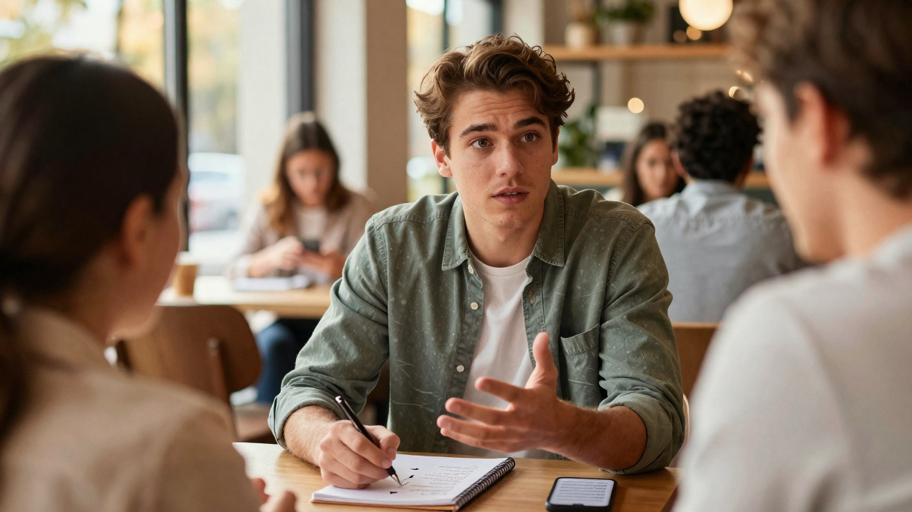 Jovem a discutir ideias enquanto escreve em caderno, sentado à mesa com outras duas pessoas num café.