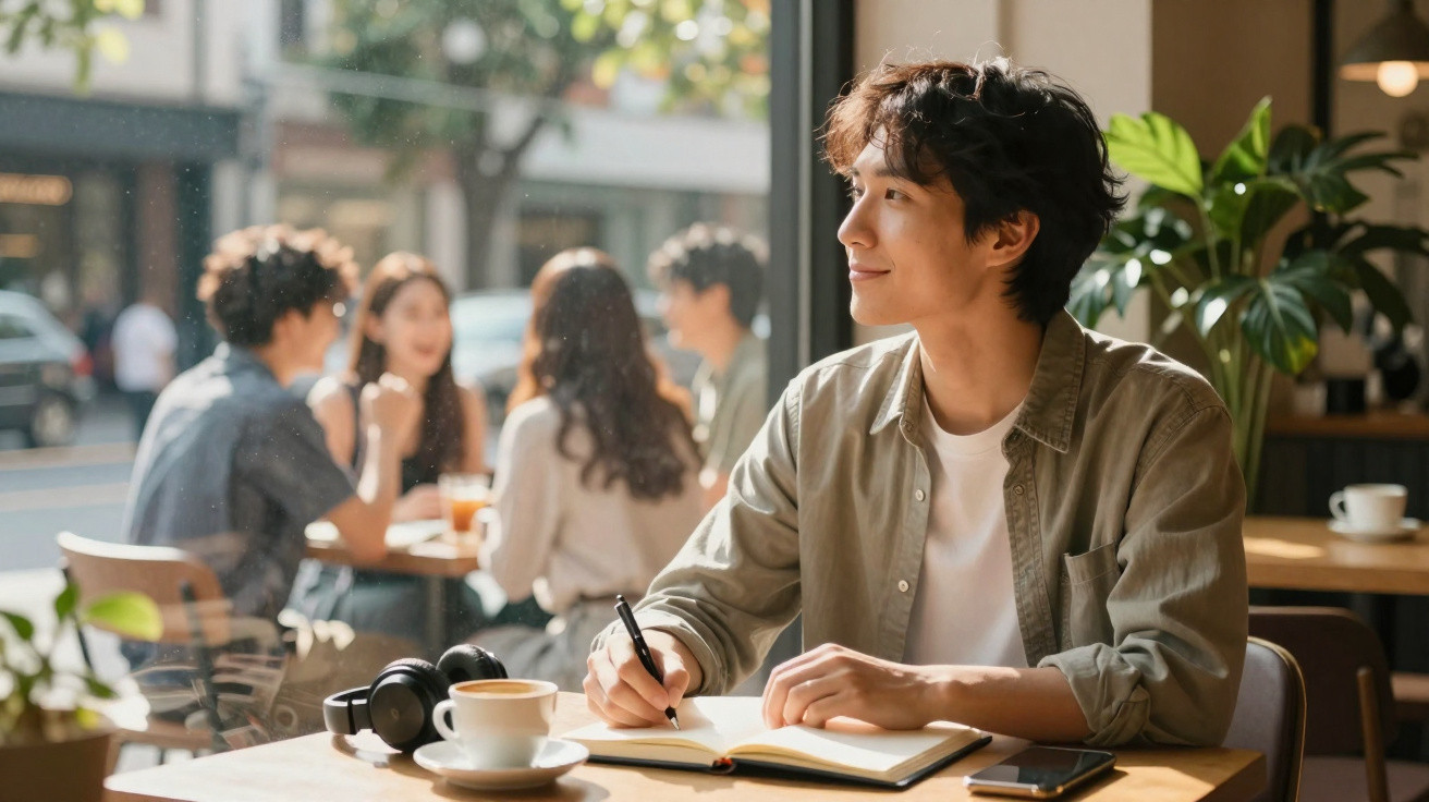 Jovem a escrever num caderno numa cafetaria, com grupo de amigos ao fundo, em ambiente iluminado e acolhedor.