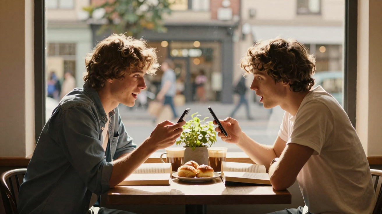 Dois jovens sentados frente a frente num café com telemóveis, croissants e cafés na mesa, junto à janela.