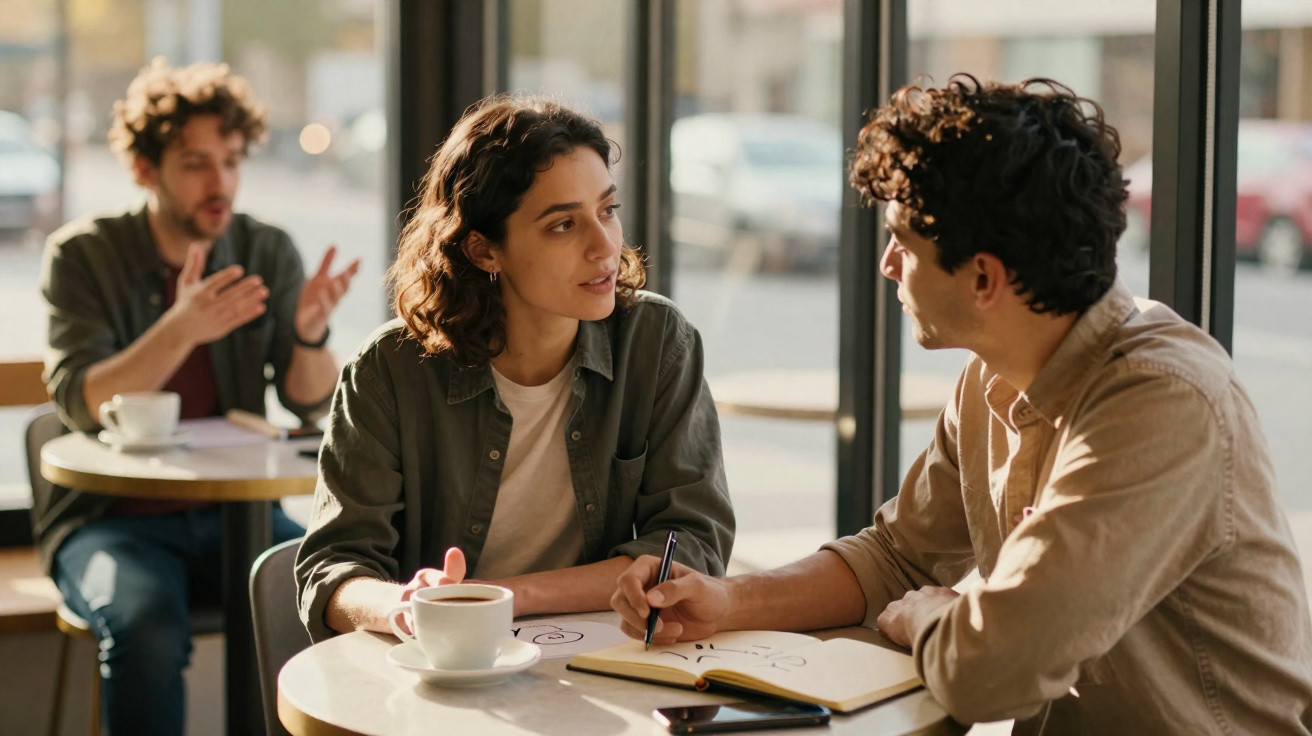 Duas pessoas sentadas a conversar numa cafetaria, com chávenas e caderno sobre a mesa.