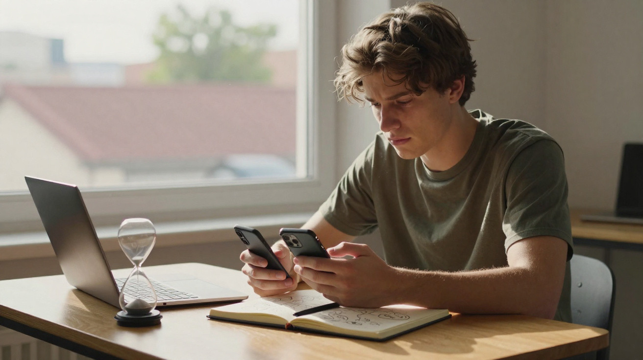Jovem sentado à secretária a usar dois telemóveis, com portátil, ampulheta e caderno aberto à sua frente.