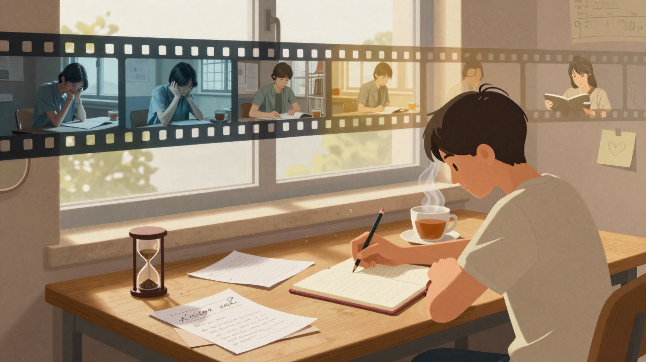 Jovem a estudar e escrever numa mesa, com imagens em filme mostrando horas a passar e progresso no estudo.