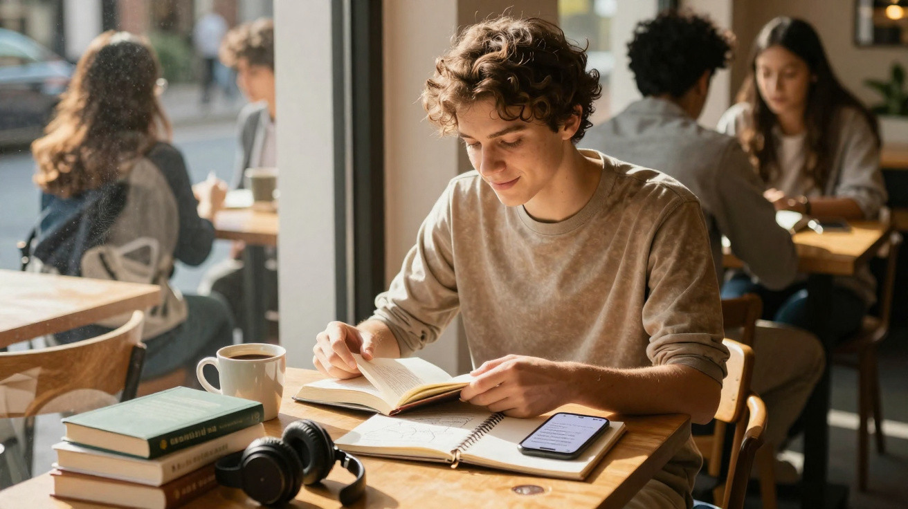 Jovem sentado numa mesa de café a ler um livro, com cadernos, telemóvel e livros ao lado.