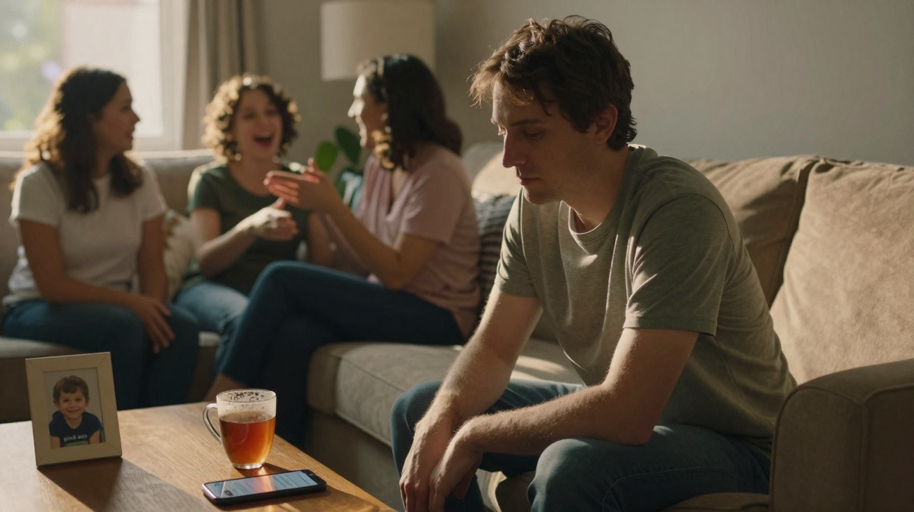 Homem sentado no sofá com expressão triste, enquanto três mulheres conversam animadamente ao fundo.