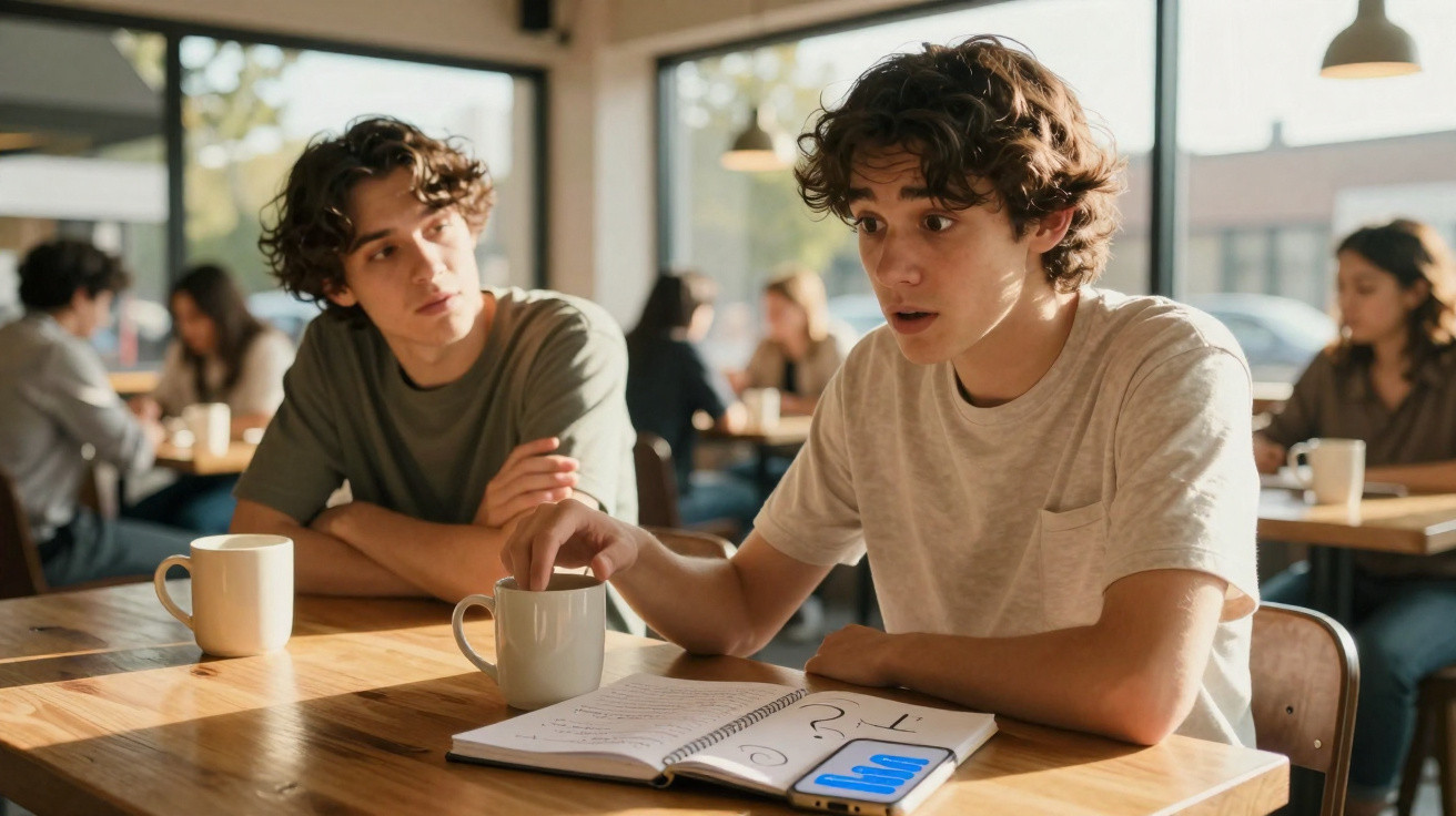 Dois jovens sentados em café, com cadernos abertos e a conversar enquanto tomam café.