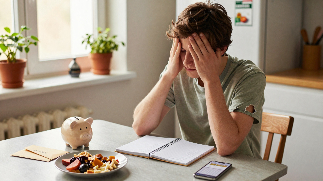 Jovem sentado à mesa com mão na cabeça, ao lado de mealheiro, caderno, telemóvel e prato de comida.