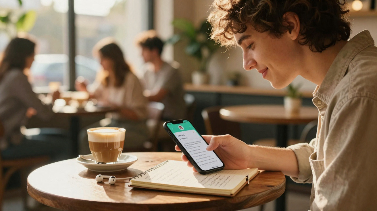 Pessoa sentada numa mesa de café a usar telemóvel, com caderno e chá com leite à frente.