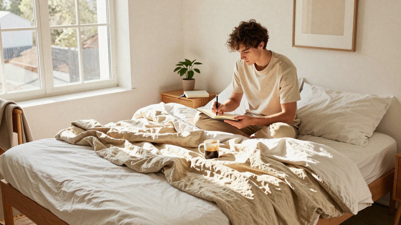 Homem sentado na cama a escrever num caderno, com luz natural e um café ao lado.