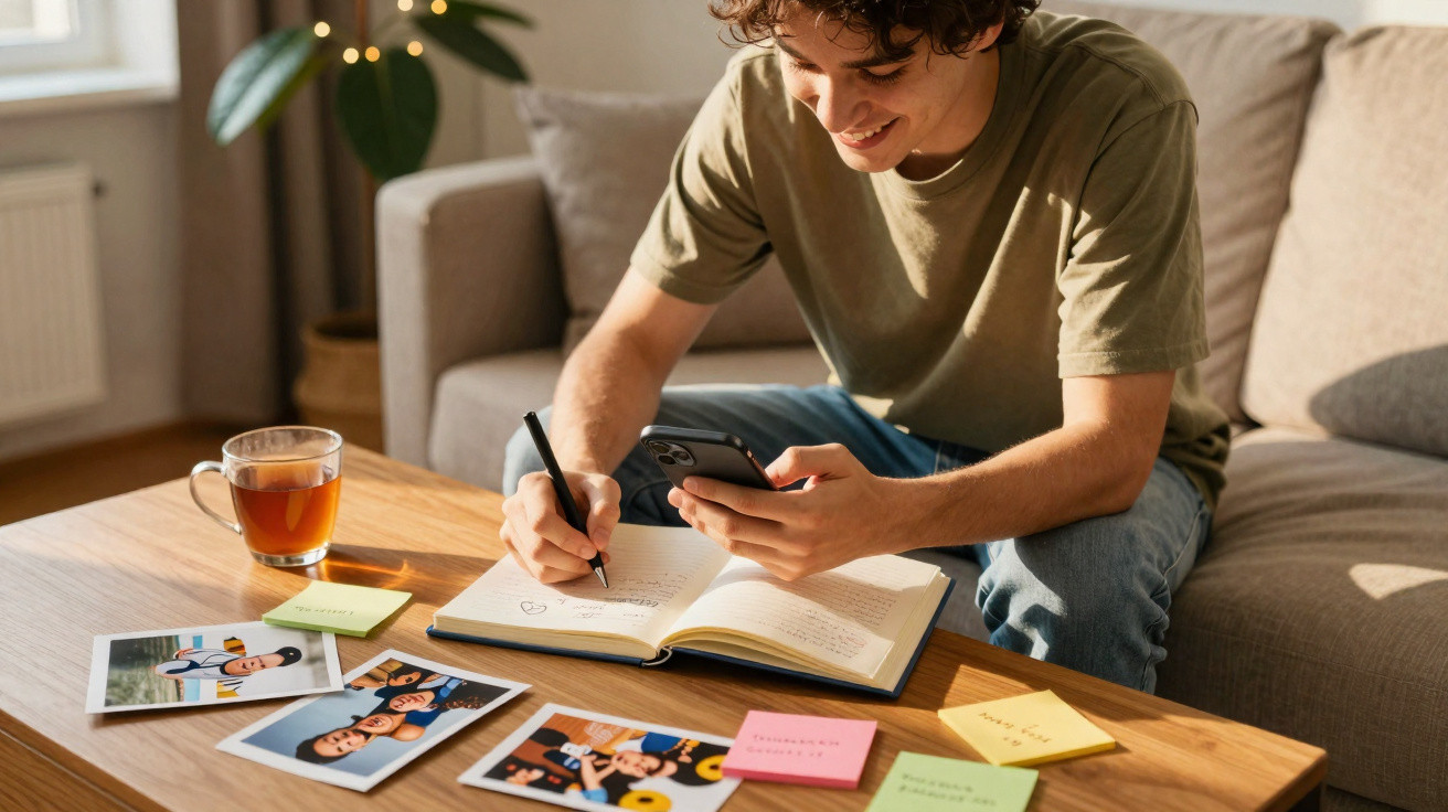 Jovem sentado no sofá a escrever num caderno e a olhar para o telemóvel com fotografias e notas na mesa.