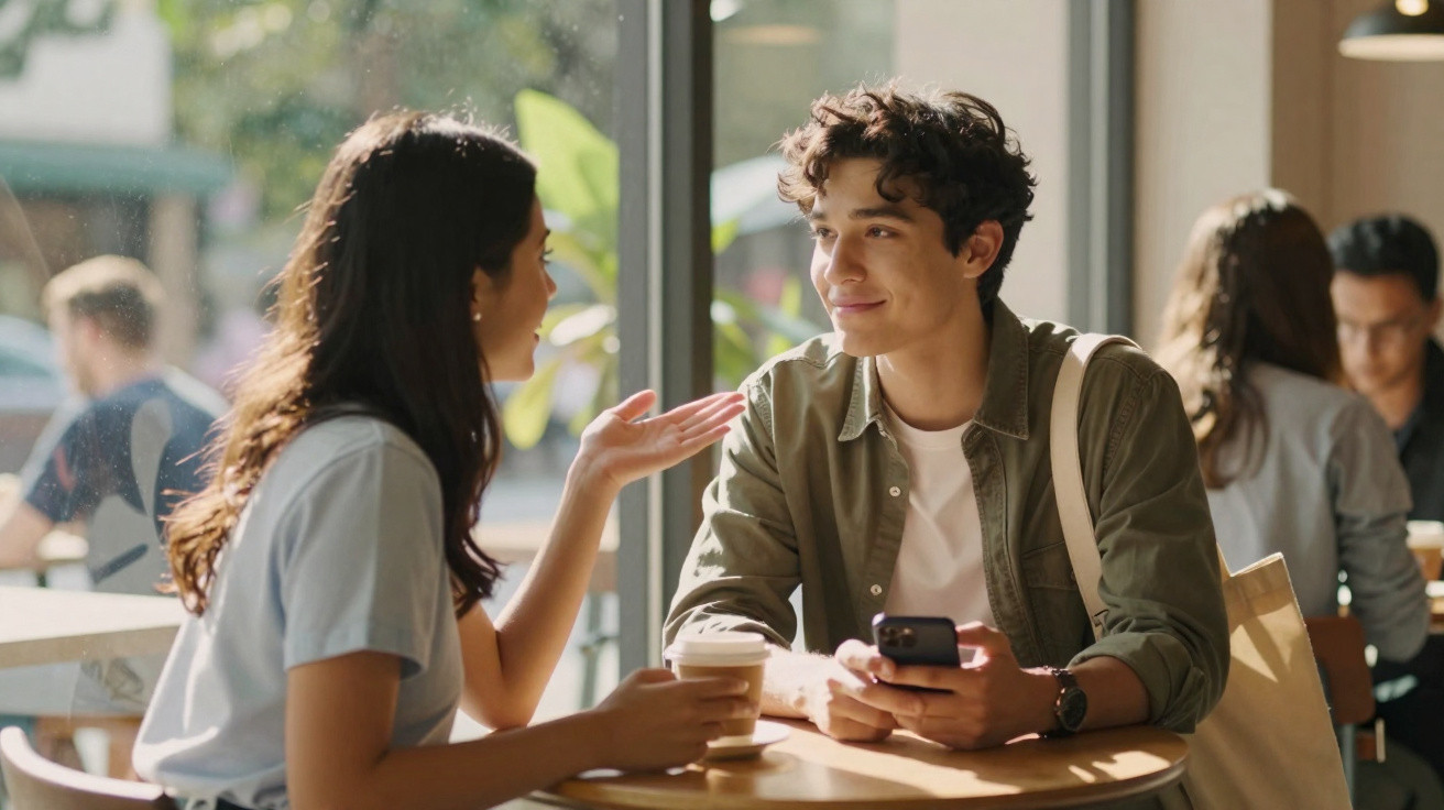 Jovem homem e mulher sentados numa mesa de café, conversando e sorrindo, com copos de café na mão.