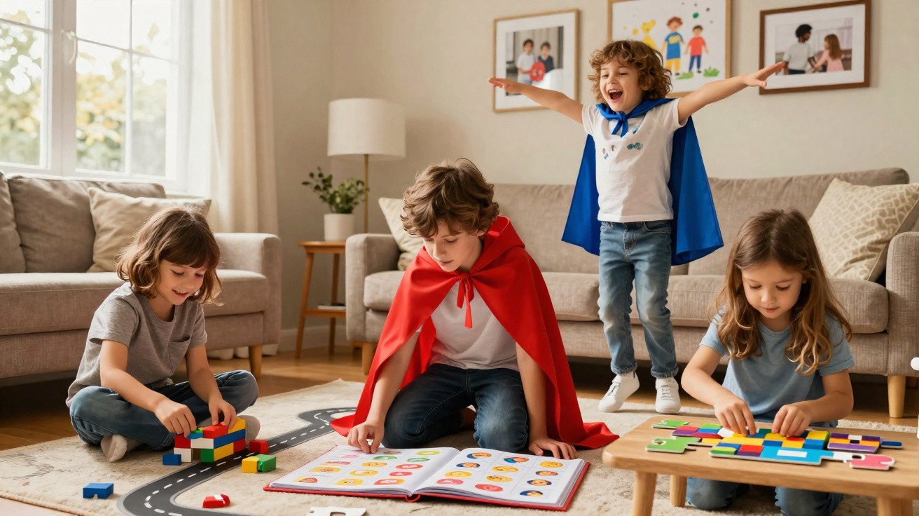Quatro crianças a brincar no chão da sala com livros, blocos de construção e puzzles, duas vestem capas coloridas.
