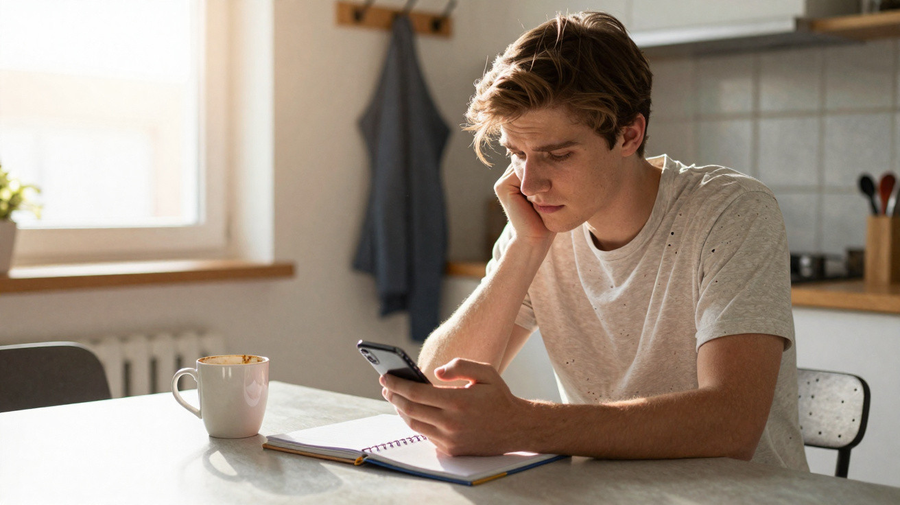 Jovem sentado à mesa a olhar para o telemóvel com caderno e chá quente ao lado, em ambiente luminoso.