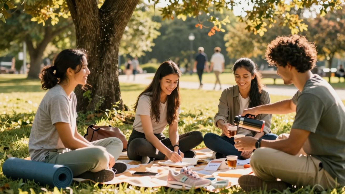Grupo de quatro jovens sentados no parque a conversar e beber chá num dia soalheiro.